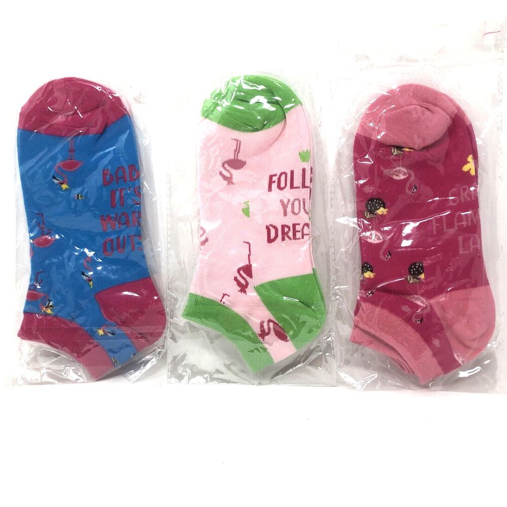 New Womens Pink Flamingo Ankle Socks Size M 7.5-9.5 Athletic Gift Set of 3